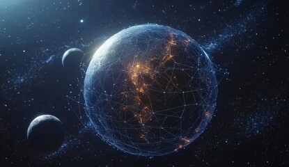 Fototapeta premium 3D rendered Earth with glowing network lines against cosmic background. Futuristic global connection concept with blue gradient space and distant planets, featuring digital art realism.