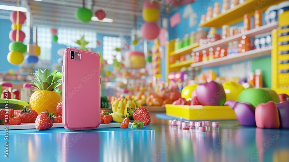 Poster grocery shopping meets tech with phone resting on counter in colorful market