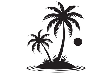 Tropical island paradise silhouette with palm tree and Sun
