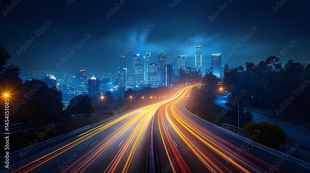Poster 夜の街並みとライトトレイル 輝く都市景観と星空を背景に流れる光の道