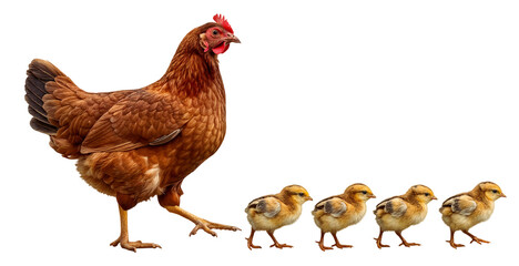 Brown hen walking with four baby chicks in a row, isolated on a transparent background