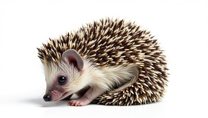 Obraz premium Small hedgehog, curled in a ball, isolated on pure white background, sleep, european hedgehog