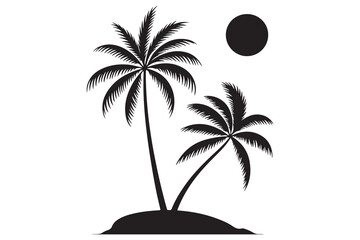 Tropical island paradise silhouette with palm tree and Sun
