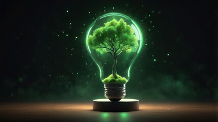  A Tree Growing Inside a Light Bulb Floating in a Dark Space with Particles