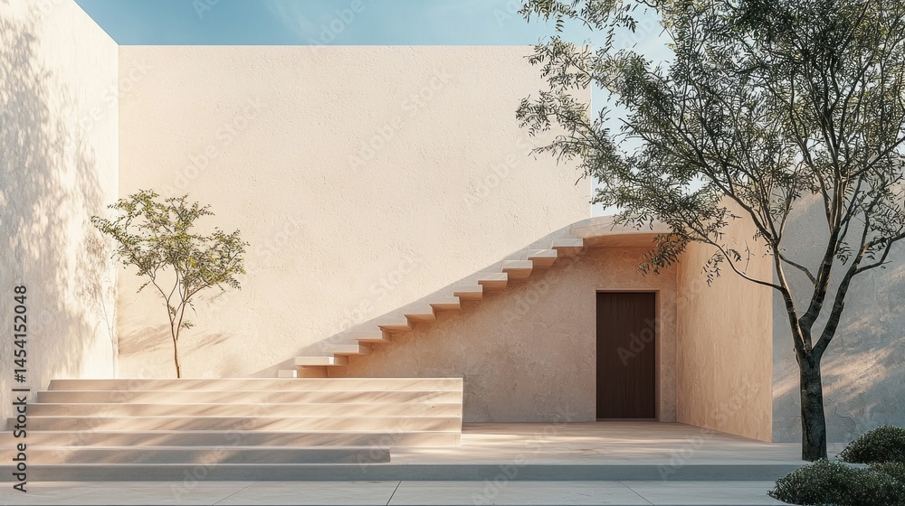 Poster Soft sunlight illuminates a contemporary space with a light-hued structure, smooth stairs, and sparse greenery, creating a tranquil atmosphere for relaxation and contemplation