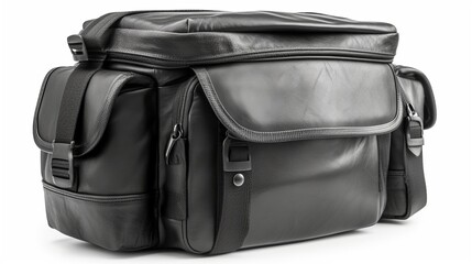 Naklejka premium Black leather camera bag with multiple compartments and straps (1)