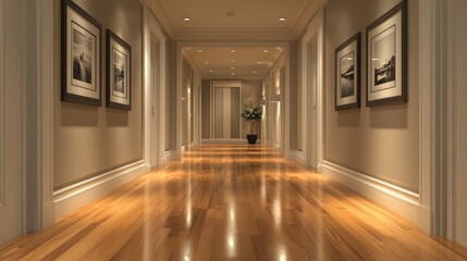 Elegant hallway with hardwood floors and framed art