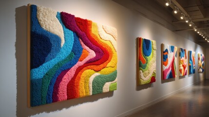 Fototapeta premium Colorful abstract textile art in contemporary gallery setting displaying vibrant texture