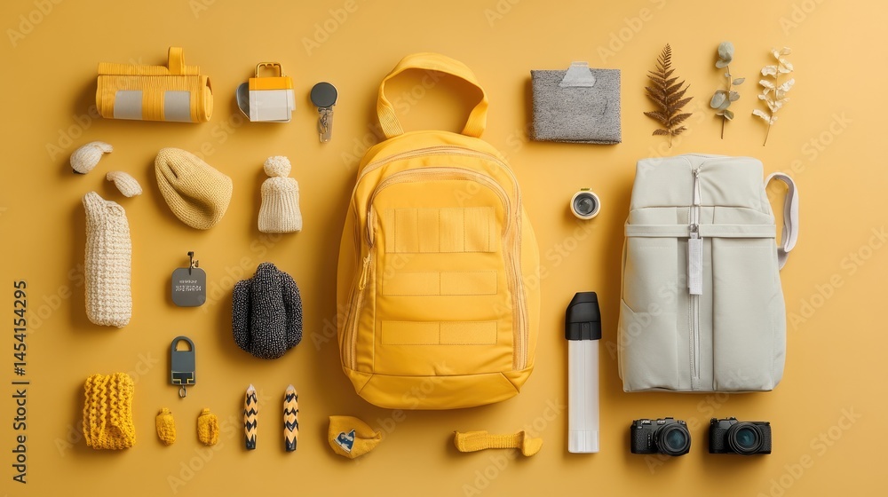 Poster minimal flat lay with pops of color from school gear on a warm, neutral backdrop