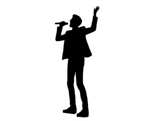 Silhouette of male singer singing, isolated icon on white background.