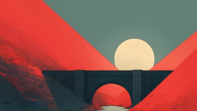 Bridge Over Canyon at Sunset with Flowing Water