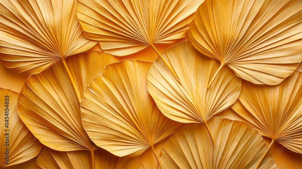 Poster A collection of golden palm leaves is artfully arranged against a textured backdrop, showcasing their intricate shapes and vibrant color. The design adds warmth and elegance to the setting