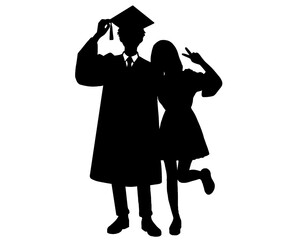 Silhouette of young people graduating, vector icon isolated on white background.