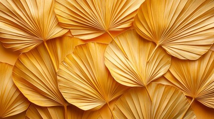 A collection of golden palm leaves is artfully arranged against a textured backdrop, showcasing their intricate shapes and vibrant color. The design adds warmth and elegance to the setting