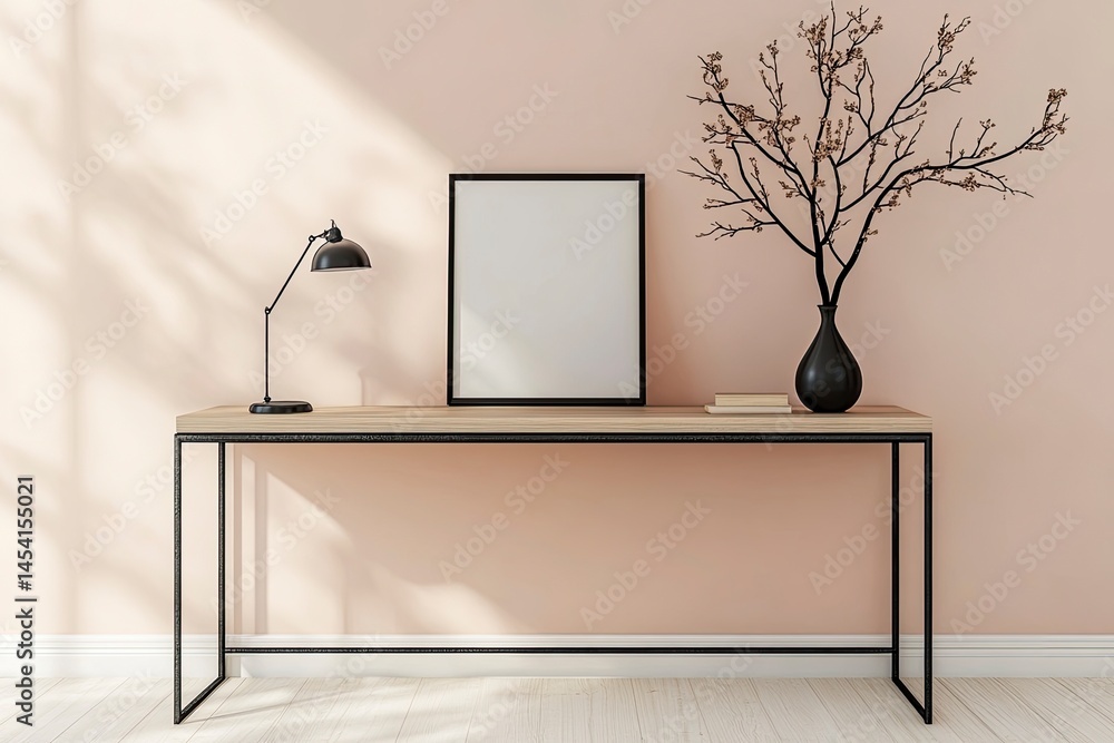 Poster console table with lamp and artwork in interior setting