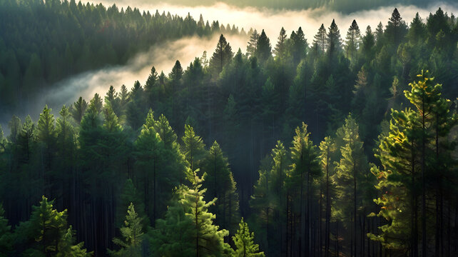 Dense pine forest in the early morning mist