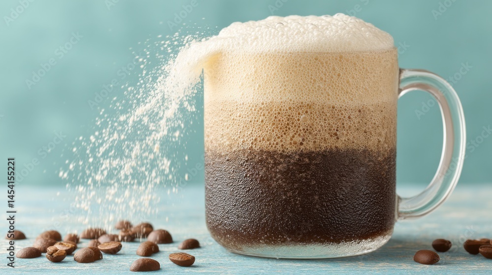 Poster Frothy coffee with cascading foam and scattered beans on a blue background