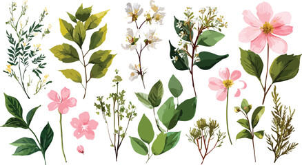 Set watercolor elements of pink roses; collection garden flowers; leaves; branches. Botanic Wedding floral design. Collection of greenery leaf plant forest herbs tropical leaves.	