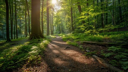 Obraz premium Sunlight Filtering Through Woodland Trail