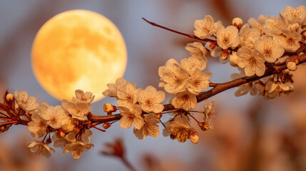 A bright full moon lights up the night sky, set against delicate cherry blossoms. This breathtaking sight captures the essence of May, highlighting nature's beauty during blooming season