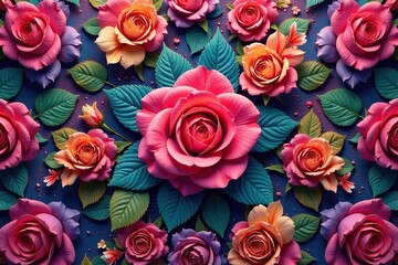 Intricate blooming rose pattern, vibrant hues, pattern, beauty, art