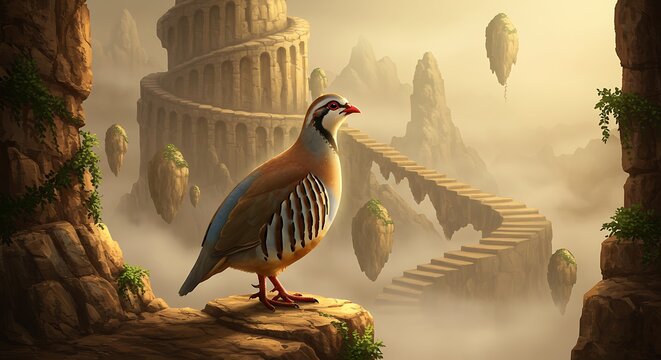 Majestic chukar partridge perches amidst otherworldly landscape of towering structure