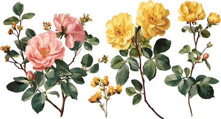 Flower collection, floral design elements vector set. Spring flower border. Seamless blooming colorful wildflowers 