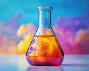 Erlenmeyer flask filled with vivid orange liquid on a colorful backdrop