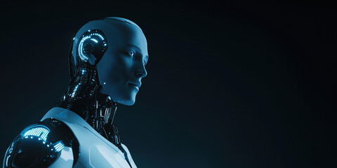 High-tech humanoid robot with illuminated circuits, futuristic AI prototype in dark background