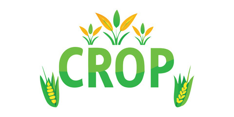 Fototapeta premium Vector logo featuring large green “CROP” letters with decorative wheat and leaf elements, highlighting eco-friendly, farming, growth, agricultural, organic, farming-themed branding., 