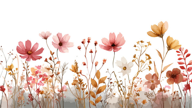 Cute horizontal banner with hand drawn blooming flowers. set of cherry flowers in full bloom, symbol for spring, design