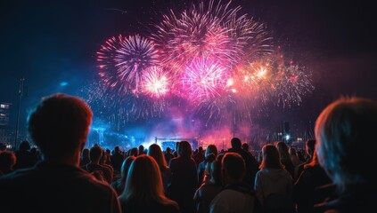 Crowd watching vibrant fireworks light up the night sky.