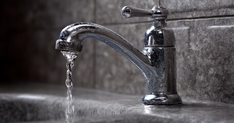 Water flows from a shiny silver faucet.