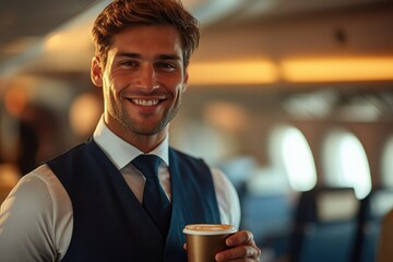 A smiling man in a waistcoat enjoys a coffee on a plane.