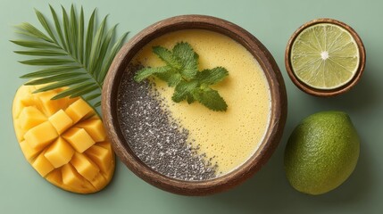 Healthy and vibrant mango smoothie bowl with fresh fruit and chia seeds