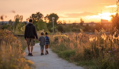 Fototapeta premium Father and sons walking at sunset along a scenic path.