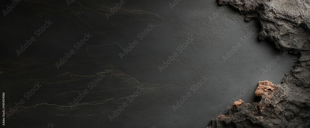 Poster an abstract image showing a dark rough surface with a rocky outcrop to the right side