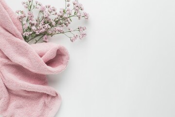 Pink Towel and Flower on White Background