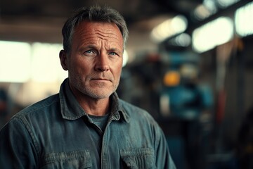 Obraz premium Portrait of a mature, weathered man in a workshop, conveying experience and resilience.