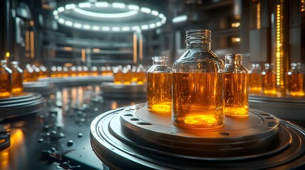 Futuristic automated production line showcasing amber liquid in glass bottles on a rotating platform in a modern sterile factory setting.