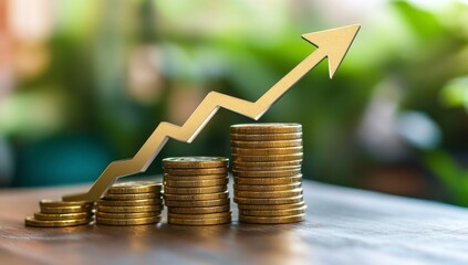 Golden Arrow and Stacks of Coins Showing Financial Growth