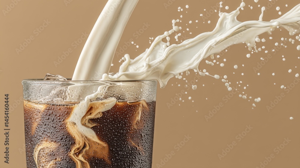 Poster milk being poured into iced coffee with splash creating a dynamic aesthetic.