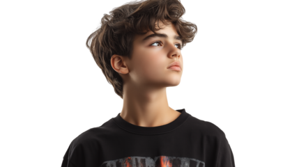 Trendy teen in graphic T-shirt, turned slightly to the side, cinematic white background, PNG format