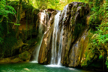 Hidden waterfall cascading through lush green forest in a serene natural oasis