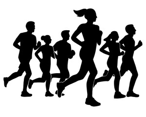 Silhouette of crowd of young people running, morning jogging, isolated icon on white background.	