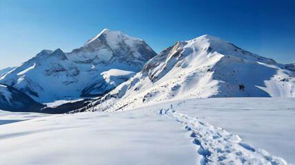 Fototapeta premium Majestic snow-covered mountain range under a clear blue sky