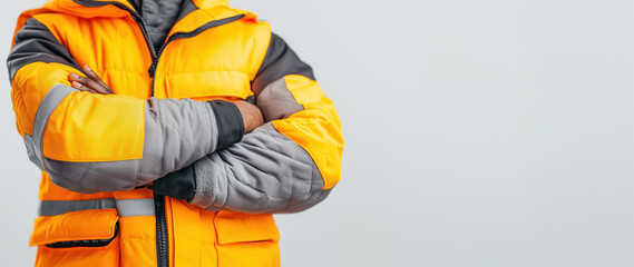 construction worker with reflective construction site jacket, banner with copy space 