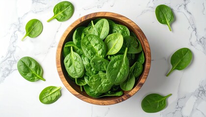 Obraz premium Fresh spinach leaves in wooden bowl on marble surface