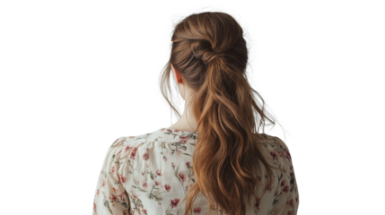 Girl in floral blouse with loose hair, turned back to camera, minimal white scene