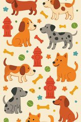 Fototapeta premium A pattern of dogs, fire hydrants, bones, balls, and stars